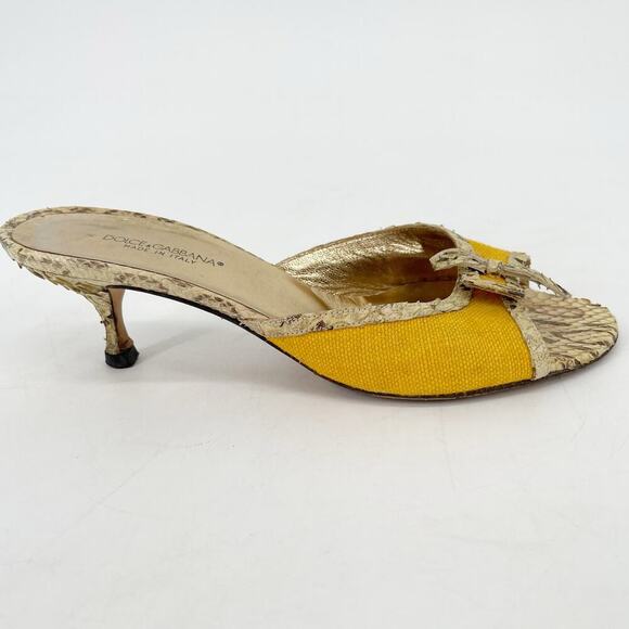 Dolce & Gabbana Retro Snakeskin Yellow Canvas Peep Toe Kitten Heel Mule IT 36 - Picture 2 of 11